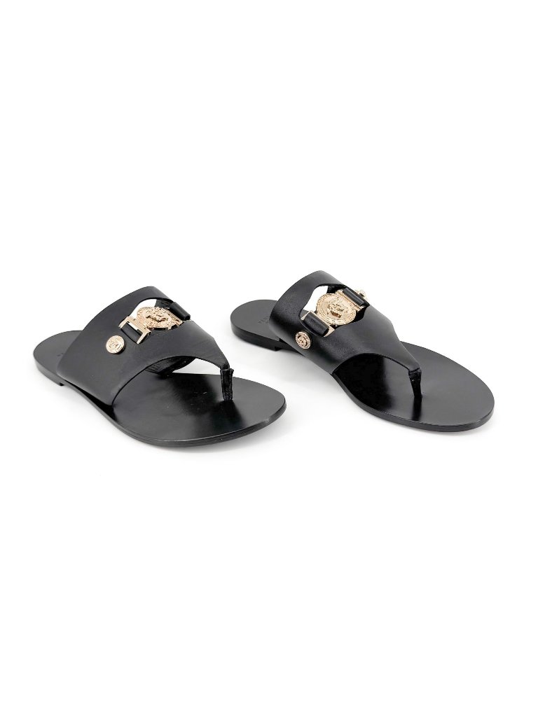 Versace Medusa Cutout Thong Sandals Eu 37.5 Us 7.5 Black Leather Flat Flip Flop
